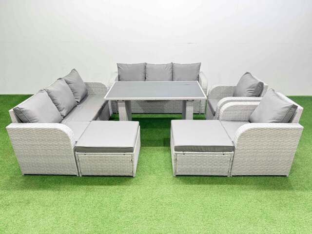 Rackhams 10 Seater Wicker PE Rattan Furniture Outdoor Dining Table 3 Seater Sofa Reclining Chair Set with 2 Big Stools Light Grey - image 1