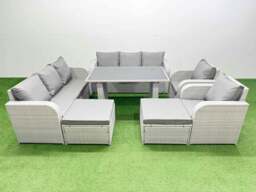 Rackhams 10 Seater Wicker PE Rattan Furniture Outdoor Dining Table 3 Seater Sofa Reclining Chair Set with 2 Big Stools Light Grey - thumbnail 1