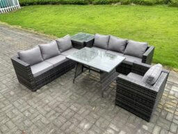 Rackhams 7 Seater Wicker PE Rattan Garden Dining Set Outdoor Furniture Sofa with Patio Dining Table Side Table Armchair Dark Grey Mixed - thumbnail 2