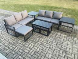 Rackhams Aluminium 9 Seater Garden Furniture Outdoor Patio Sofa Set with Rectangular Coffee Table 3 Footstools 2 Side Tables Dark Grey - thumbnail 1