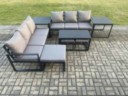 Rackhams Aluminium 9 Seater Garden Furniture Outdoor Patio Sofa Set with Rectangular Coffee Table 3 Footstools 2 Side Tables Dark Grey - thumbnail 2