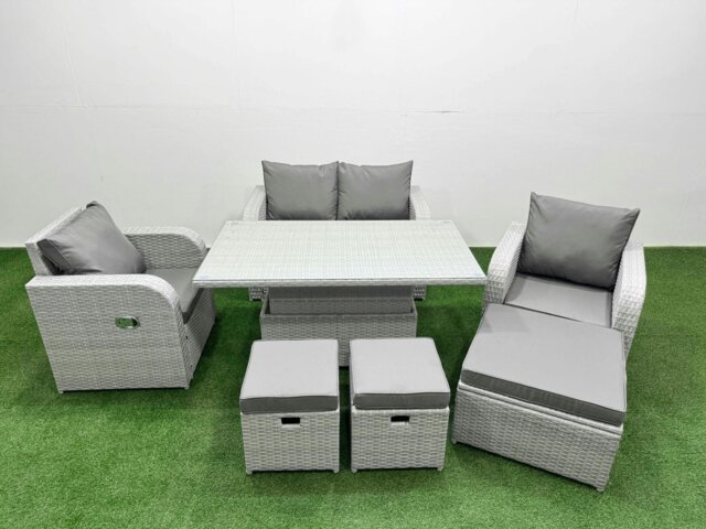 Rackhams Light Grey PE Wicker Rattan Garden Furniture Set Sofa Set Reclining Chair Adjustable Lifting Dining or Coffee Table 7 Seater 3  Stools - image 1