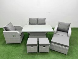 Rackhams Light Grey PE Wicker Rattan Garden Furniture Set Sofa Set Reclining Chair Adjustable Lifting Dining or Coffee Table 7 Seater 3  Stools - thumbnail 1