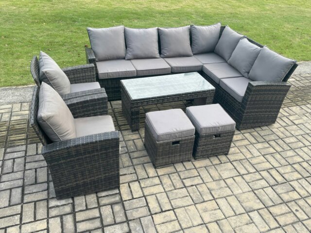 Rackhams Rattan Corner Sofa Garden Furniture Set with 2 Small Footstools Rectangular Coffee Table 2 Armchairs with Cushion Dark Grey Mixed - image 1