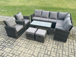 Rackhams Rattan Corner Sofa Garden Furniture Set with 2 Small Footstools Rectangular Coffee Table 2 Armchairs with Cushion Dark Grey Mixed - thumbnail 2