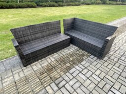 Rackhams Rattan Corner Sofa Garden Furniture Set with 2 Small Footstools Rectangular Coffee Table 2 Armchairs with Cushion Dark Grey Mixed - thumbnail 3