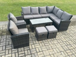 Rackhams Rattan Corner Sofa Garden Furniture Set with 2 Small Footstools Rectangular Coffee Table 2 Armchairs with Cushion Dark Grey Mixed