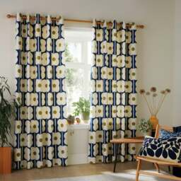 "Rackhams Abacus Flower Navy Fully Lined Ready Made Eyelet Curtains - Navy - Cotton - 90x72""" - thumbnail 1