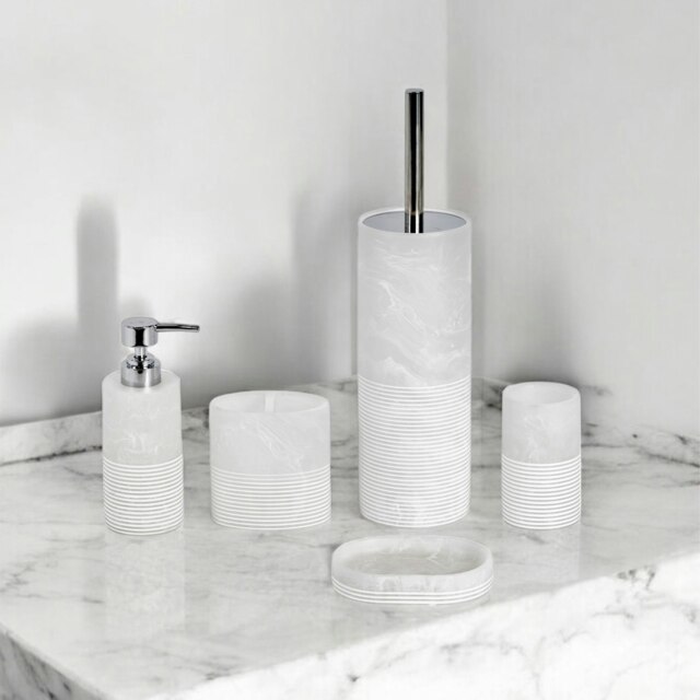 Rackhams Bianco Frost Onyx White Striped 5 Piece Bathroom Accessory Set - image 1