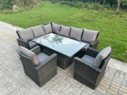 Rackhams High Back PE Rattan Corner Sofa Set Garden Furniture Adjustable Rising Lifting Table Set With 2 Armchair - thumbnail 3