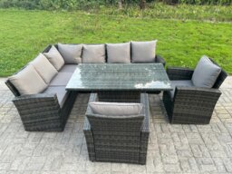 Rackhams High Back PE Rattan Corner Sofa Set Garden Furniture Adjustable Rising Lifting Table Set With 2 Armchair - thumbnail 2