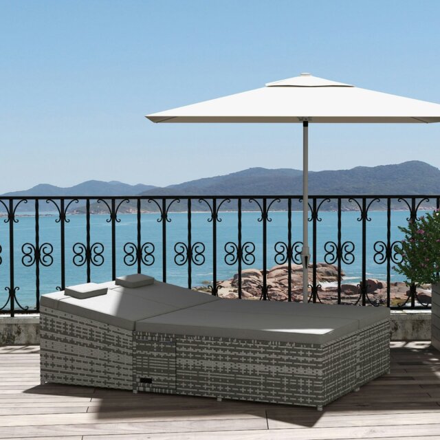 Rackhams 2 Seater Double Rattan Sun Lounger Recliner Day Bed Wicker Weaver Sofa - Grey - Metal, PE Rattan, Polyester fibre - 198 x 129 x 105 cm - image 1