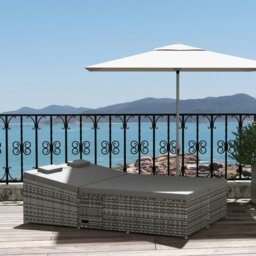 Rackhams 2 Seater Double Rattan Sun Lounger Recliner Day Bed Wicker Weaver Sofa - Grey - Metal, PE Rattan, Polyester fibre - 198 x 129 x 105 cm - thumbnail 1