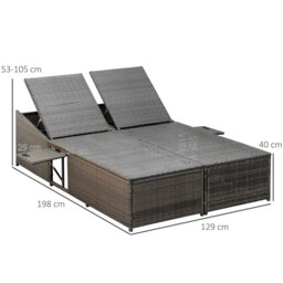Rackhams 2 Seater Double Rattan Sun Lounger Recliner Day Bed Wicker Weaver Sofa - Grey - Metal, PE Rattan, Polyester fibre - 198 x 129 x 105 cm - thumbnail 6