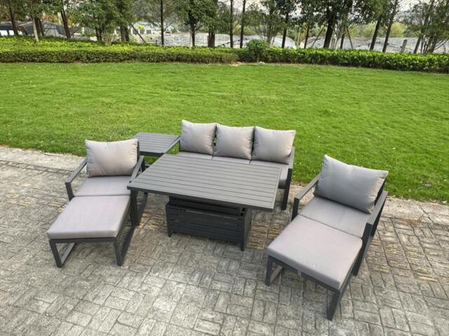 Rackhams 7 Seater Aluminium Garden Furniture Set with Adjustable Rising Dining Table, 2 Chairs, 2 Footstools, Side Table - Dark Grey - image 1