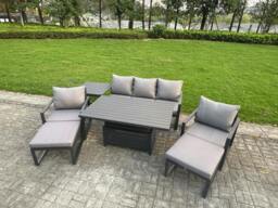 Rackhams 7 Seater Aluminium Garden Furniture Set with Adjustable Rising Dining Table, 2 Chairs, 2 Footstools, Side Table - Dark Grey - thumbnail 1