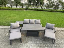 Rackhams 7 Seater Aluminium Garden Furniture Set with Adjustable Rising Dining Table, 2 Chairs, 2 Footstools, Side Table - Dark Grey - thumbnail 2