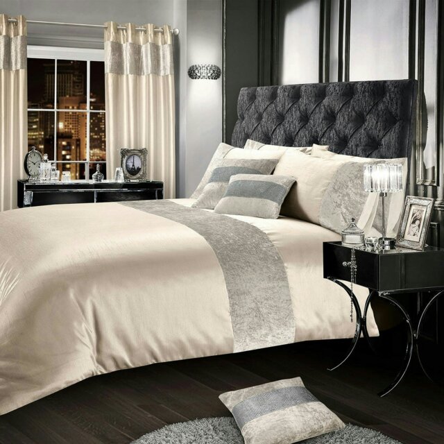 Rackhams Crushed Velvet Panel Duvet Cover & Pillowcase Set - Cream - Double - image 1