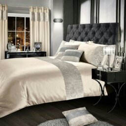 Rackhams Crushed Velvet Panel Duvet Cover & Pillowcase Set - Cream - Double - thumbnail 1