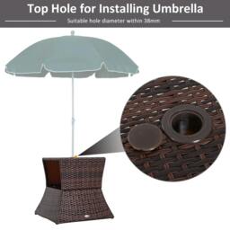 Rackhams Rattan Outdoor Coffee Table, Wicker Garden Patio Bistro Side Table with Umbrella Hole and Storage Space for Balcony, Porch, Brown - Brown - thumbnail 4