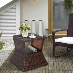 Rackhams Rattan Outdoor Coffee Table, Wicker Garden Patio Bistro Side Table with Umbrella Hole and Storage Space for Balcony, Porch, Brown - Brown - thumbnail 2