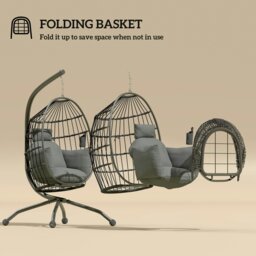 Rackhams Egg Chair Outdoor Indoor Garden Swing Chair, Folding Basket, Grey - Khaki - 1 - Swing Chair - thumbnail 5
