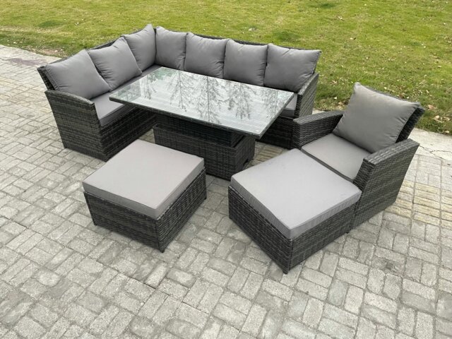 Rackhams Dark Grey Mixed PE Rattan Outdoor Dining Set - Height Adjustable Lifting Table, Big Footstool & Armchair - image 1