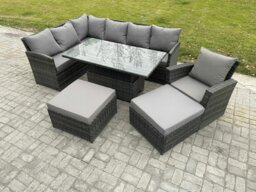 Rackhams Dark Grey Mixed PE Rattan Outdoor Dining Set - Height Adjustable Lifting Table, Big Footstool & Armchair - thumbnail 1