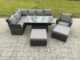 Rackhams Dark Grey Mixed PE Rattan Outdoor Dining Set - Height Adjustable Lifting Table, Big Footstool & Armchair - thumbnail 2