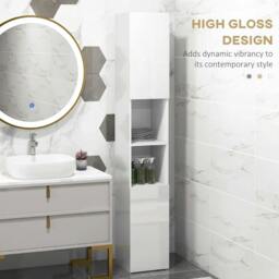 Rackhams Freestanding Bathroom Cabinet, High Gloss Storage Cabinet with Doors and Adjustable Shelves, 30 x 30 x 181.5 cm, White - thumbnail 4