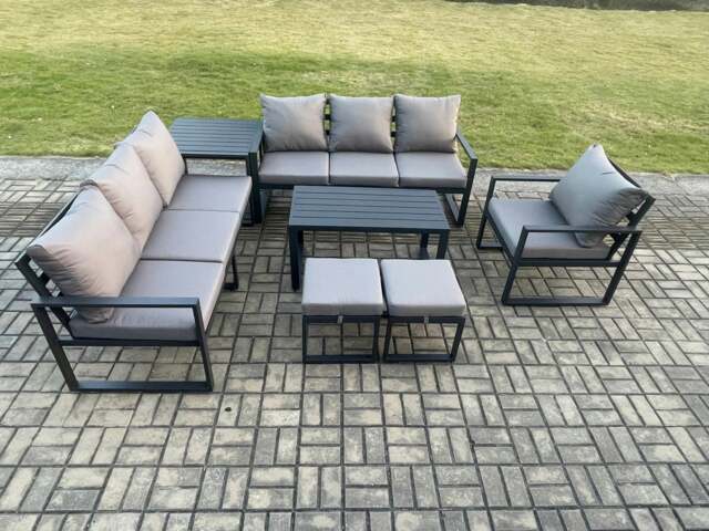 Rackhams Aluminium 9 Seater Garden Furniture Outdoor Patio Sofa Set with Rectangular Coffee Table Armchair 2 Small Footstool Side Table Dark Grey - image 1