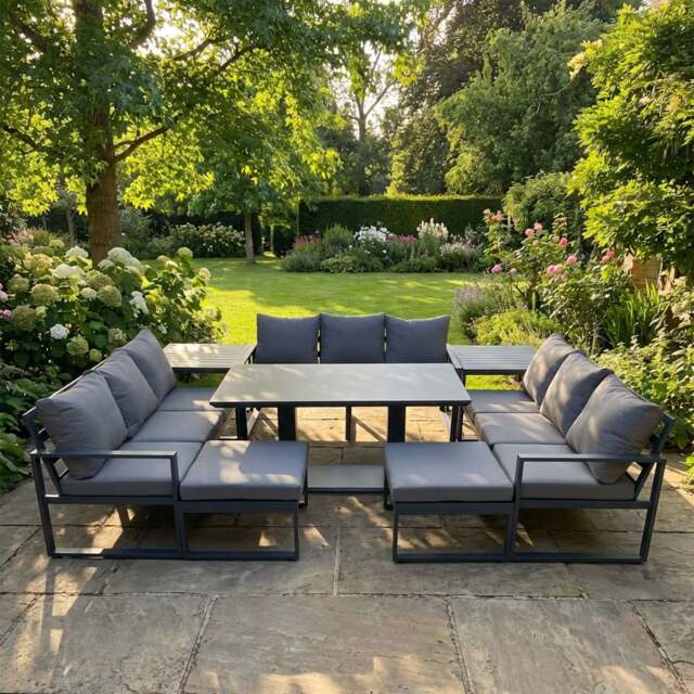 Rackhams 11 Seater Garden Sofa Set Aluminium Furniture Rising Dining Tabe Set with 2 Side Tables 2 Big Footstools - Dark Grey - image 1