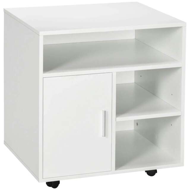 Rackhams Multi-Storage Printer Stand Unit Office Desk Side Mobile Storage w/ Wheels Modern Style 60L x 50W x 65.5H cm - White - image 1