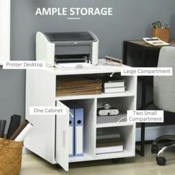 Rackhams Multi-Storage Printer Stand Unit Office Desk Side Mobile Storage w/ Wheels Modern Style 60L x 50W x 65.5H cm - White - thumbnail 4