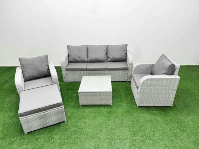 Rackhams PE Rattan Garden Furniture Set Reclining Chair Sofa Lounge Sofa Set Square Coffee Table Big Footstool Light Grey - image 1