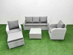 Rackhams PE Rattan Garden Furniture Set Reclining Chair Sofa Lounge Sofa Set Square Coffee Table Big Footstool Light Grey - thumbnail 2