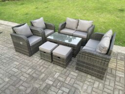 Rackhams 8 Seater Dark Grey PE Wicker Rattan Garden Furniture Set Reclining Chair 2 Seater Love Sofa Set Outdoor Rectangular Coffee Table Stools - thumbnail 1