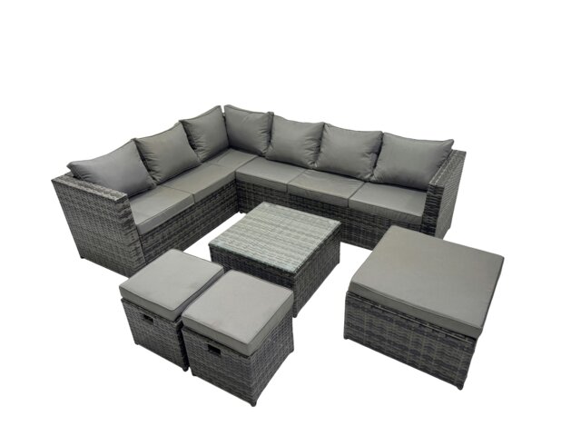 Rackhams Rattan Garden Furniture Patio Furniture Sets with Corner Sofa Square Coffee Table 3 Footstools Dark Grey Mixed - image 1