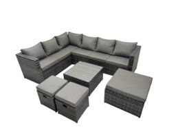 Rackhams Rattan Garden Furniture Patio Furniture Sets with Corner Sofa Square Coffee Table 3 Footstools Dark Grey Mixed - thumbnail 1