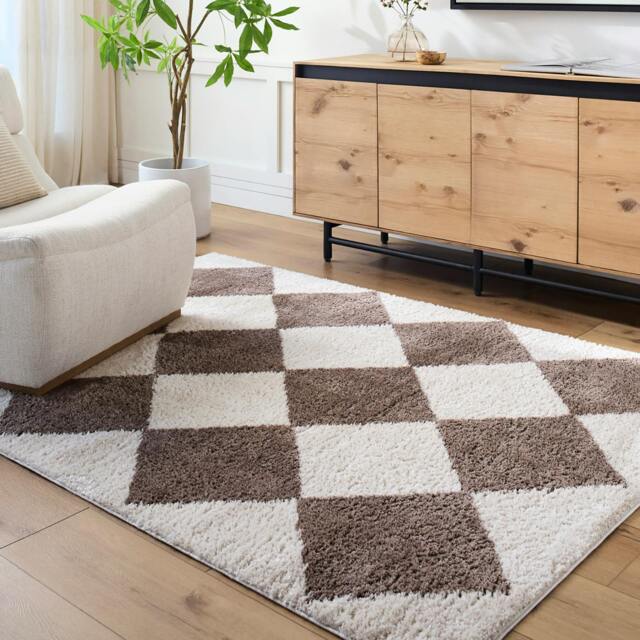 Rackhams Fossay Shag-Washable Beige Brown High Pile Diamond Rug - 120 x 170 cm - image 1