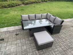 Rackhams 7 Seater?Outdoor Rattan High Back Adjustable Rising Lifting Dining Table Corner Sofa Set Garden Furniture Dark Grey Mixed Right Hand - thumbnail 2