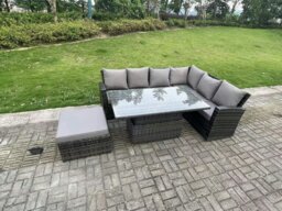 Rackhams 7 Seater?Outdoor Rattan High Back Adjustable Rising Lifting Dining Table Corner Sofa Set Garden Furniture Dark Grey Mixed Right Hand - thumbnail 1