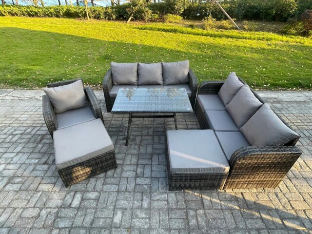 Rackhams Rattan Garden Furniture Dining Set 9 seater Patio Rectangular Table 2 Big Footstool Dark Grey Mixed - image 1