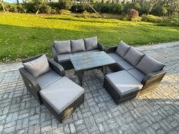 Rackhams Rattan Garden Furniture Dining Set 9 seater Patio Rectangular Table 2 Big Footstool Dark Grey Mixed - thumbnail 2