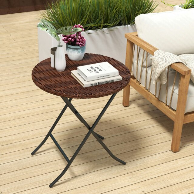 Rackhams Foldable Outdoor Coffee Table, Metal Frame Rattan Side Table, Brown - Brown - Steel, PE Rattan - 60cm x 60cm x 70cm - image 1