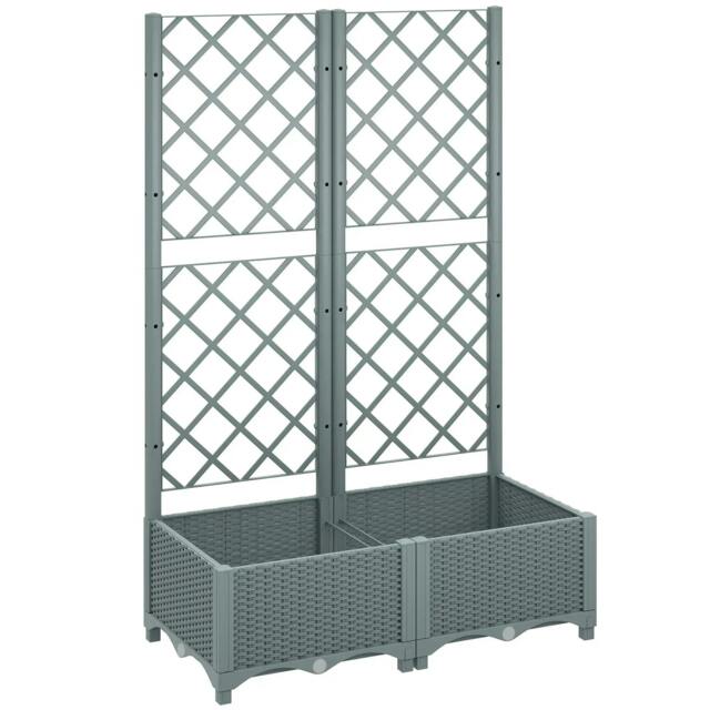 Rackhams Raised Garden Bed with Trellis, Plastic Planter Box with Drainage Holes, Drain Plugs and Water Reservoirs, Grey