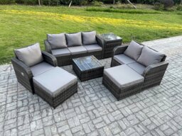 Rackhams Indoor Outdoor Rattan Garden Furniture 8 Seater Set Table Sofa Chair Patio Conservatory with Grey Cushions Side Table 2 Big Footstool - thumbnail 2