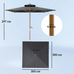 Rackhams 3m Wood Square Umbrella Garden Market Parasol Sunshade - Black - thumbnail 5