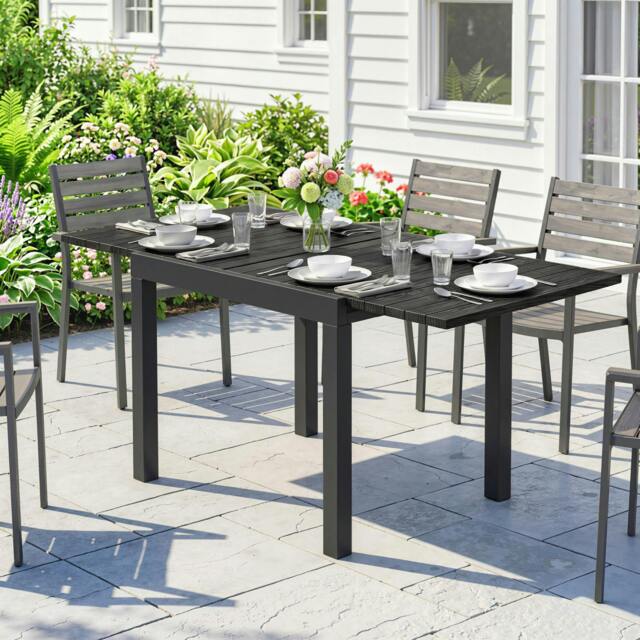 Rackhams Aluminium Extending Garden Table with Faux Wood Slatted Top, Black - 1 - 160 x 80 x 75 cm - 80 - image 1