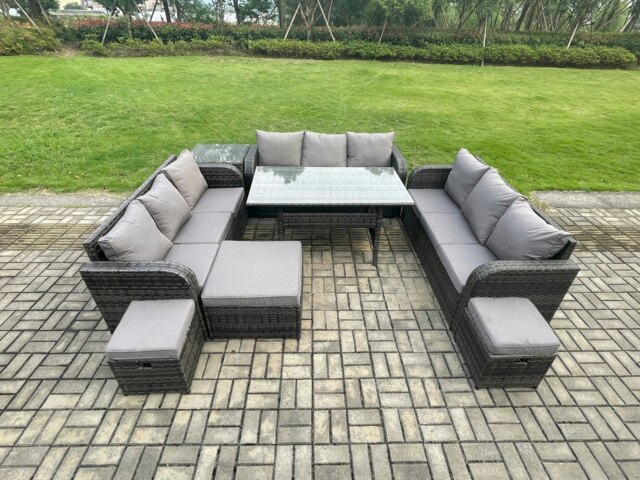 Rackhams Rattan Garden Furniture Set with Oblong Rectangular Dining Table 3 Footstools Side Table 11 Seater Outdoor Lounge Sofa Set Dark Grey Mixed - image 1